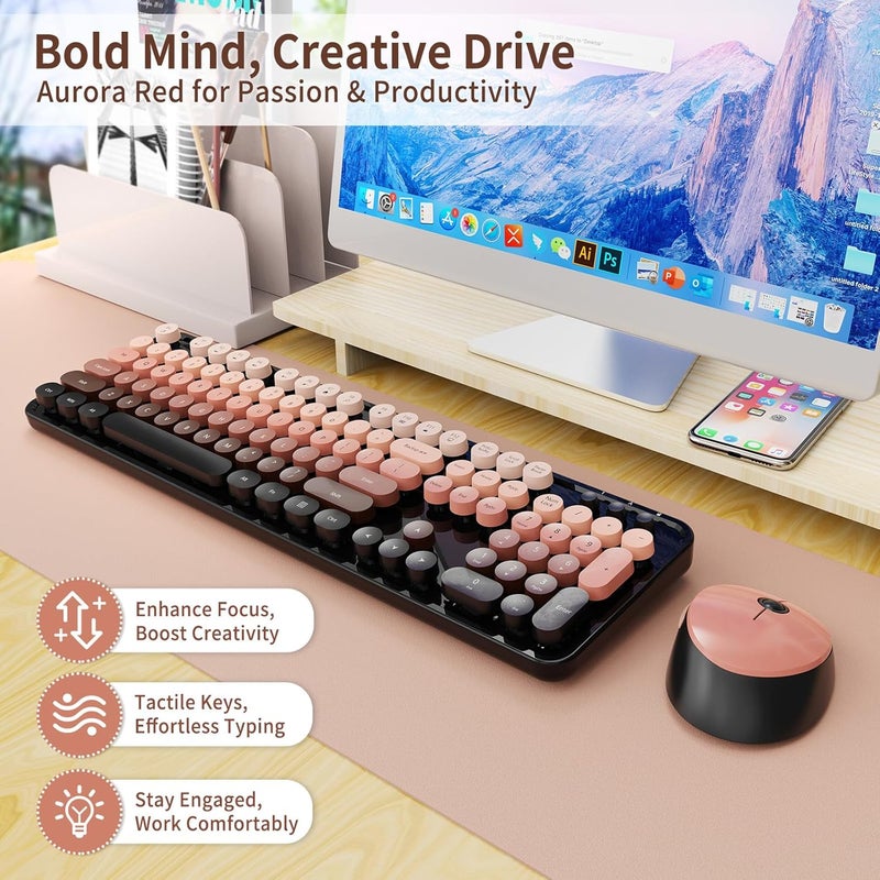 Nowlike Wireless Keyboard and Mouse Combo, Retro Typewriter Keyboard with Round Keycaps, Full-Size Ergonomic, Aurora Red, Ideal for Windows PC, Home, Office, and College - Image 2